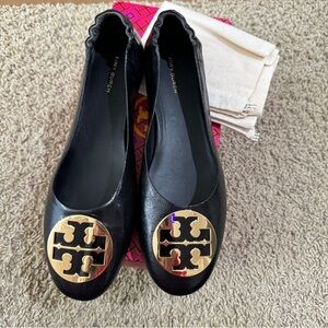 Tory Burch Black/Gold Goat Leather Claire Ballet Flats US 9 new dust bag